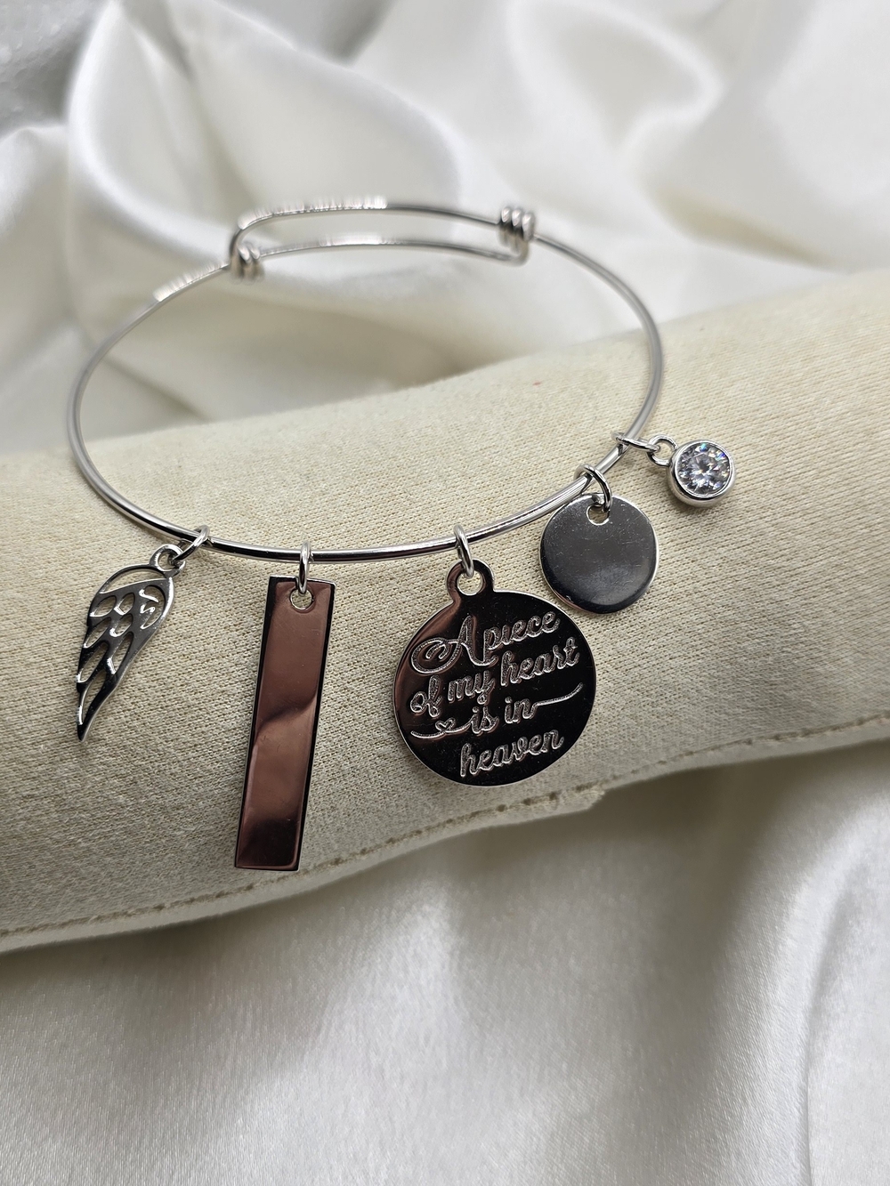 Sterling Silver 925 Memorial Charm Bangle Bracelet with Engravable Disc & Bar